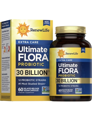 [BRSWGEDYOIAQKHYV] Renew Life Adult Probiotics 30 Billion CFU Guaranteed, 12 Strains, For Men & Women, Shelf Stable, Gluten Dairy & Soy Free, Ultimate Flora Extra Care, 60 Count, Pack of 1
