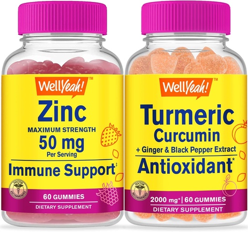 [BRSROBAEDIAQ2D3F] WellYeah Zinc + Turmeric Curcumin, Gummies Bundle - Great Tasting, Vitamin Supplement, Gluten Free, GMO Free, Chewable Gummy