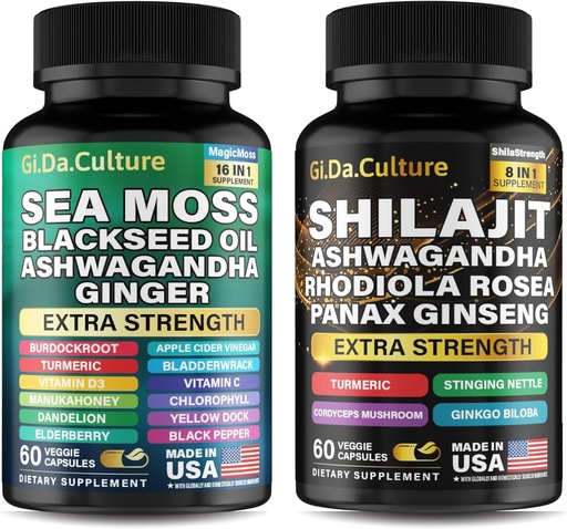 [BRSRAFQ3CNYG22TH] Shilajit and Sea Moss Combo - Sea Moss and Shilajit Bundle with Ashwagandha, Black Seed, Turmeric, Bladderwrack, Burdock, Black Pepper with Vitaminas and Antioxidants - 120 Veggie Cápsulas