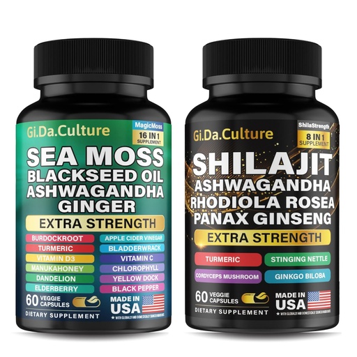 [BRSRAFQ3CNYG22TH] Shilajit and Sea Moss Combo - Sea Moss and Shilajit Bundle with Ashwagandha, Black Seed, Turmeric, Bladderwrack, Burdock, Black Pepper with Vitamins and Antioxidants - 120 Veggie Capsules