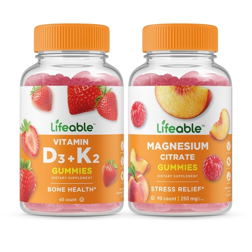 [BRSROZI6CEGR63T2] Lifeable Vitamin D3 + Vitamin K2 + Magnesium 85mg, Gummies Bundle - Great Tasting, Vitamin Supplement, Gluten Free, GMO Free, Chewable Gummy