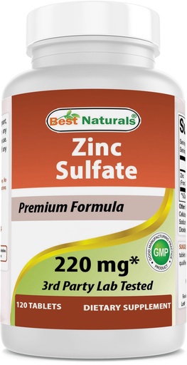 [BRSRAAA6OQIGGH3U] Best Naturals Zinc Sulfate 220 mg 120 Tablets - 3rd Party Lab Tested - Made in the USA - Gluten Free & Non-GMO