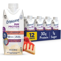 Ensure Max Protein Shake | Cherry Cheesecake | Ready to Drink | 30g Protein for Muscle Health | 1g Sugar, 4g Fiber | 11 fl oz, 12 Pack