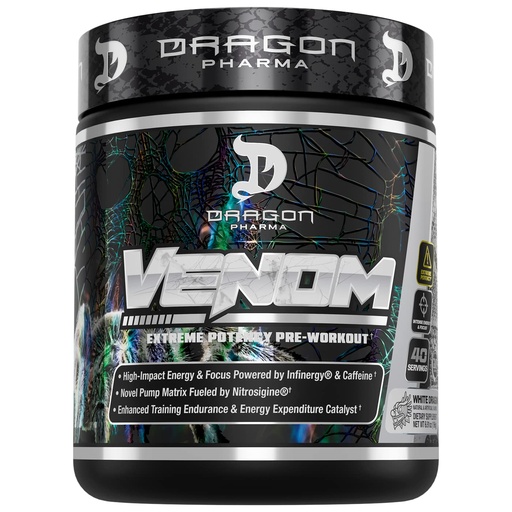 [BRSRMAYKAQHROALP] DRAGON PHARMA Venom Extreme Potency Pre-Workout, Laser Sharp Focus + Energy, Intense Performance, Proven Ingredients for Enhanced Vasodilation & Endurance (40 Servings, White Dragon)