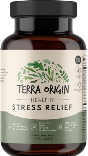 [BRSW2BAKAQBGA2A3] TERRA ORIGIN Healthy Stress Supplement | 60 Capsules | KSM-66 Organic Ashwagandha, L-Theanine, Rhodiola Extract, Astragalus Root and Holy Basil | Stress and Mood Support