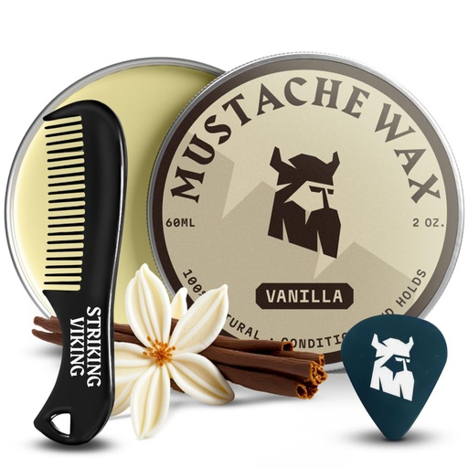 [BRSW2YAECAMAMDTL] Striking Viking Mustache Wax & Comb Kit - 2 oz, Vanilla - Complete Mustache Grooming Kit for Men - Strong-Hold Styling & Wax Strong Hold - Pocket-Sized Precision & Styling Comb