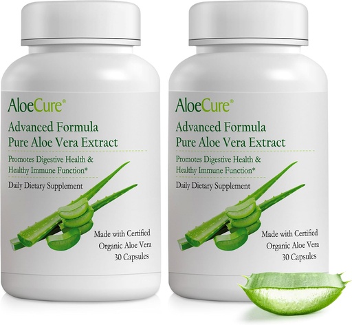 [BRSRAHQ3OAJQG2Y7] AloeCure Organic Aloe Vera Kapsulas, 160 000mg Iekšējā Aloe Leaf Ekvivalents per Servē, Atbalsts Gut, Gremošanas, & Imūnās veselības, palīdz saglabāt līdzsvarotu kuņģa aciditāti, Aloin Free, 30Caps x 2Btl