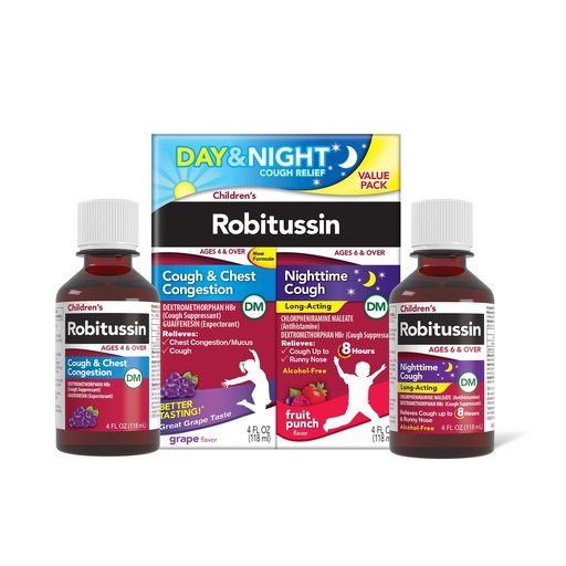 [BRSWGEI7DIGQMALD] Children's Robitussin DM Day and Night Cough Relief Value Pack, Cough Medicine, Grape/Fruit Punch Flavor - 4 Fl Oz x 2