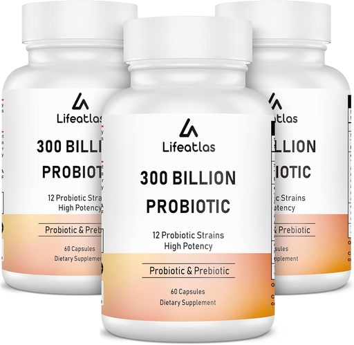 [BRSROFLQBUMR4E3J] 300 Million CFU Probiotiques - Probiotiques pour les femmes et les hommes, 12 souches probiotiques plus prébiotiques, pour les immunitaires et digestifs, la santé des intestins, le blottis, le plateau stable - 180 capsules...
