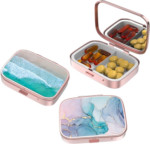 [BRSRMFABDEBQGF3B] Small Pill Box,Pill Case for Purse&Pocket,3 Compartments Travel Pill Case Medication Organizer Speicher für Vitamine, Pillen, Fischöl und Ohrringe, Studs,Rose Gold-Beach Farbe Rendering
