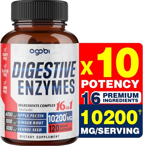 [BRSRMBAFBYCAEYA6] agobi 10200Mg Digestive Enzymes with Prebiotic for Digestion, Immune & Body Support - 16in1 with Apple Pectin, Ginger Root, Prebiotic System & More - 120 Capsules for 2 Months