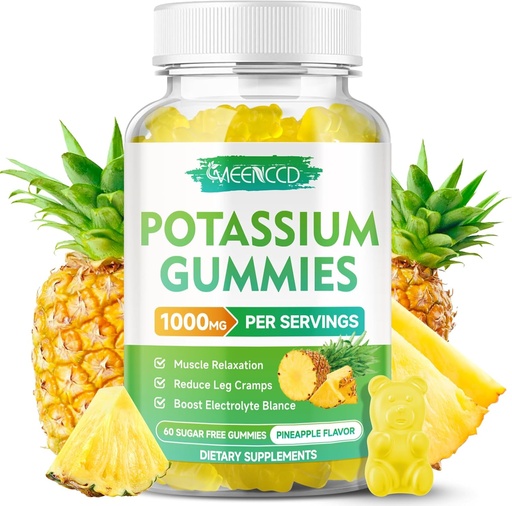 [BRSRAGQ7BACQGAL5] Potassium Citrate Gummies 1000mg, High Potency Potassium תוספת חניכיים עבור מבוגרים נשים וגברים, תמיכה בקרמפs & שריר בריאות, סוכר חינם, Pineapple Flavor, 60 Count Count Count