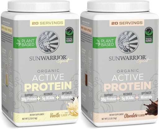 [BRSW2AYBOUNQGC3Z] Sunwarrior Chocolate & Vanilla Active Organic Protein Powder Set | Bundle & Save | Vegan Protein Powder | Non-GMO Soy Dairy & Gluten Free (20 Servings Vanilla, 20 Servings Chocolate)