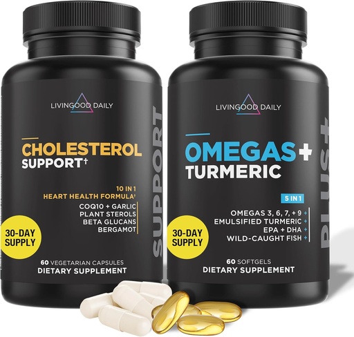 [BRSRMGQEAEHBYFAZ] Livingood Daily Cholesterol Support, 60 Kapsułki wegetariańskie - CoQ10, Sterole roślinne, Sterole roślinne, Bergamot, & Suplementy czosnkowe Support Heart Health & Healthy Lipid Production - Non-GMO & Vegan