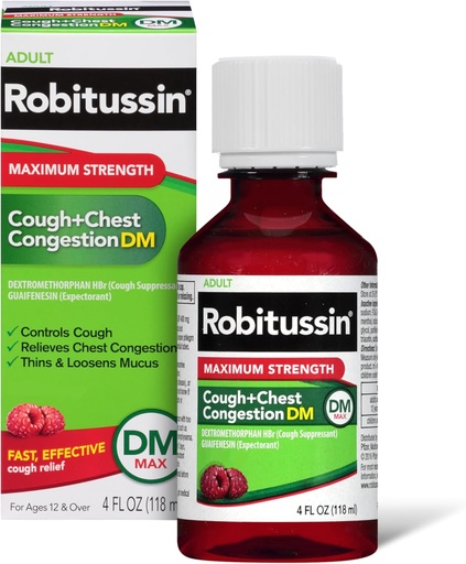 [BRSWKGAFCIHWG2T6] Robitussin Adult Максимална сила Кашлица + гръдна конюшня DM Max (4 fl. oz. бутилка), Кашлица Suppressant & Очакващ, Малина Аромат