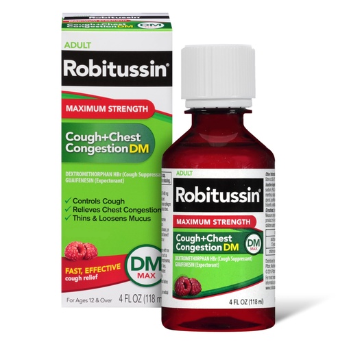 [BRSWKGAFCIHWG2T6] Robitussin Adult Maximum Strength Cough + Chest Congestion DM Max (4 fl. oz. Bottle), Cough Suppressant & Expectorant, Raspberry Flavor
