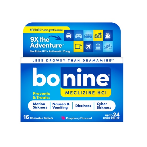 [BRSWIYQQAJYRUAD4] Bonine Non-Drowsy for Motion Sickness Relief, Sea Sickness, Car Sickness, Nausea, & Vomiting - Meclizine HCI 25mg, Travel-Sized - 16ct Raspberry Chewable Tablets (Packaging May Vary)