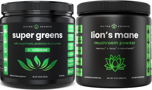 [BRSRA2Y3OAHBE3Q7] NutraChamps Super Green Unflavored & Lion's Mane Powder. Greens & Adaptogen Bundle