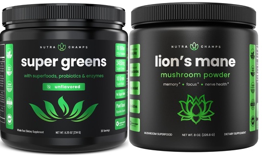 [BRSRA2Y3OAHBE3Q7] Super Green Unflavored & Lion's Mane Powder. Greens & Adaptogen Bundle