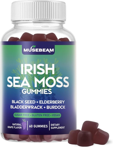 [BRSRAYAFBUBQOH3L] Irish Sea Moss Gummies - with Black Seed Elderberry Bladderwrack Burdock Turmeric Omega-3 Vitamins C D3 Zinc - Seamoss Supplements for Adults Women Men - Sugar-Free Gluten Free Vegan