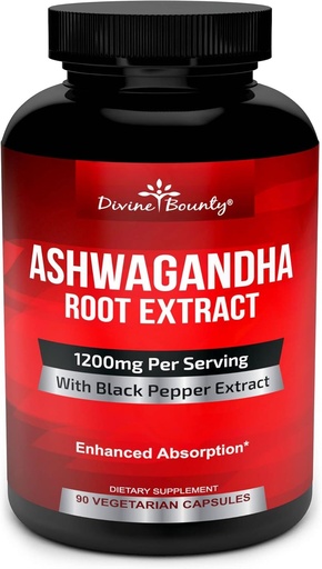 [BRSWGYACAUCRQ33V] Divine Bounty Capsules Organic Ashwagandha - 1200mg Ashwagandha poudre avec poivre noir pour l'absorption améliorée - Supplément Ashwaganda pour le calme et le soutien de l'humeur - 90 Capsules Veggie