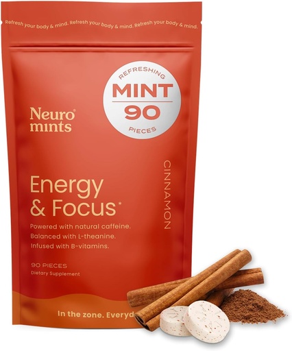 [BRSRM2QPOUFQ4HLX] NeuroGum Energy & Focus Mints (90 Count Bag, Cinnamon) | 40mg Natural Caffeine + L-Theanine + Vitamin B12 & B6 | Sugar Free Nootropic Cognitive Brain Performance Supplement