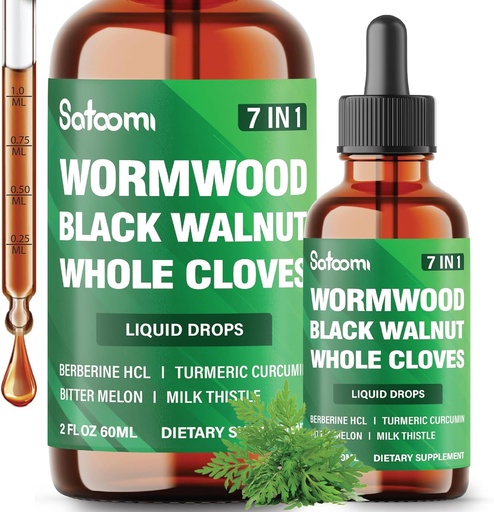 Satoomi 7in1 Wormwood Liquid Drops with Black Walnut, Whole Cloves, Berberine, Milk Thistle, Bitter Melon and Turmeric - 60 мл в течение 60 дней