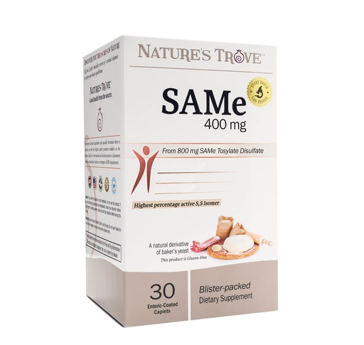 [BRSWGYYKCJ5A2YLL] Nature's Trove SAM-e 400mg 30 Enteric Coated Caplets. Vegan, Kosher, Non-GMO, Soy Free, Gluten Free - Mood and Joint Support - Cold Form Blister Packed.