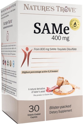 [BRSWGYYKCJ5A2YLL] Trove de la naturaleza SAM-e 400mg 30 Enteric Coated Caplets. Vegan, Kosher, Non-GMO, Soy Free, Gluten Free - Mood and Joint Support - Cold Form Blister Packed.