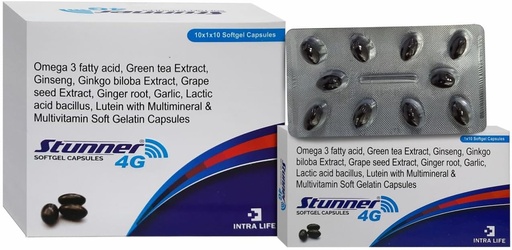 [BRSROGIHAQNWO2TD] STUNNER-4G SOFTGEL CAPS inseng Extract Powder 42.5mg + Wheat Germ Oil 25mg + Citrus Bioflavonoids 20mg + Grape Seed Extract 15mg + Natural Mixed Carotenoids (10% Dispersion)11.33mg + Green Tea Extract