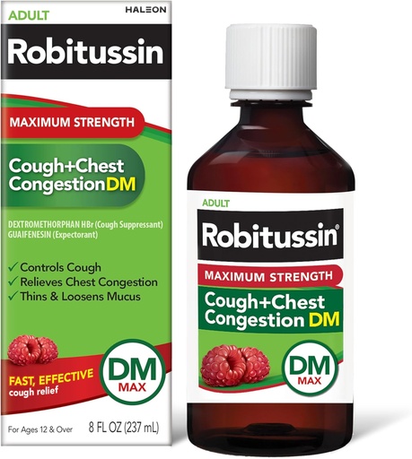 [BRSWKGAFCIHWCDQ3] Robitussin Adult Máximo de forza Cough + Congestion DM Max (8 fl. Botella), Supresor de ado e Expectorant, Raspberry Flavor