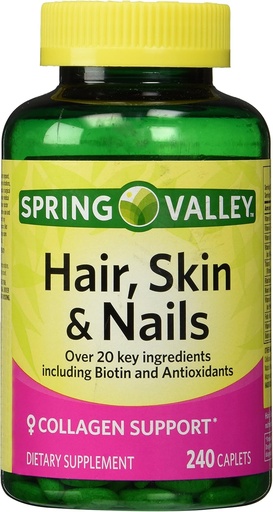 [BRSWIZIAPIFBQCD2] Spring Valley - Hair, Skin & Nails, Biotin-Collagen-Gelatin, 240 Caplets