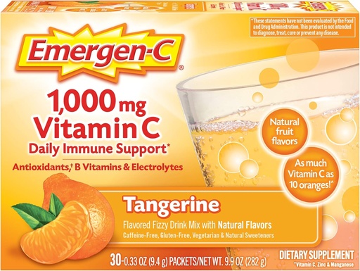 [BRSWIBQNAUMWYDLK] Emergen-C 1000mg Vitamin C Powder, with Antioxidants, B Vitamins and Electrolytes, Vitamin C Supplements for Immune Support, Caffeine Free Fizzy Drink Mix, Tangerine Flavor - 30 Count