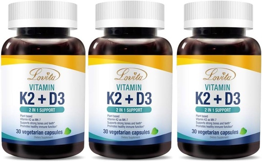 [BRSWYHQODENAGFI6] Lovita Vitamina K2 + D3, 400 UI Vitamina Vegan D3 &amp; 120 mcg Vitamina K2 (MK-7), 2 en 1 Fórmula, Complejo de Vitamina Inmune, soporta su funcionamiento cardíaco, dientes e inmunes, 30 cápsulas vegetarianas (Pack of 3)