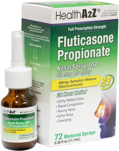 [BRSROAYZBN6GEG3L] HealthA2Z® Allergy Relief, Fluticasone Propionate 50mcg, Nasal Spray, 24-Hour Allergy Relief, Nasal Decongestant, Dye Free, 72 Sprays (0.38 fl oz)