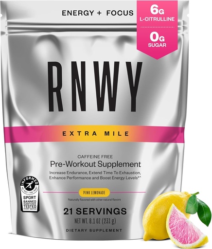 [BRSRAFL6BUGWKE32] Extra Mile Caffeine Free Pre Workout Powder, 6g L-Citrulline, Sugar Free, Stimulant Free, with Dynamine™ and TeaCrine® for Endurance and Focus, 21 Servings (Pink Lemonade)