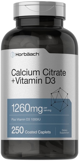 [BRSW2AQEPIMAMF35] Horbäach Calcium Citrate with Vitamin D3 | 1260 mg | 250 Caplets | Vegetarian, Non-GMO, Gluten Free Supplement