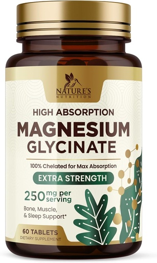 [BRSROAQLOF5A43LH] Magnezyum (Glycinate) - Heart Health, Nerve, Muscle, Bone və Sleep Support - 100% Chelated və Yüksək Absoreksiya - 250 mg - Gluten Free, Vegan, Non-GMO - 60 Count