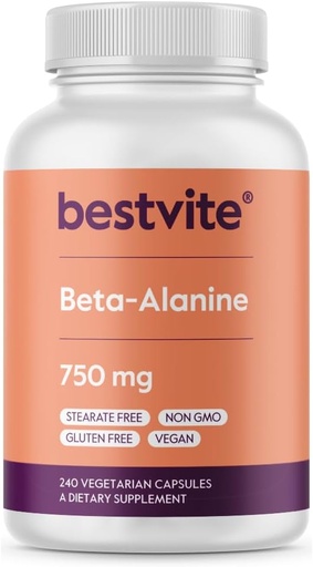 [BRSRAZAZAF4BUDTG] BESTVITE Beta Alanine 750mg (240 Vegetarian Capsules) - No Stearates - Vegan - Non GMO - Gluten Free
