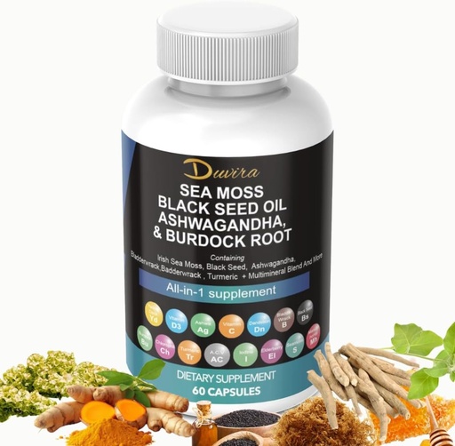 [BRSRAZA3BECAAHL3] Sea Moss 3000mg Black Seed Oil 2000mg Ashwagandha 1000mg Turmeric 1000mg Bladderwrack 1000mg Burdock 1000mg & Vitamin C & D3 with Elderberry Manuka Dandelion Yellow Dock Iodine Chlorophyll ACV