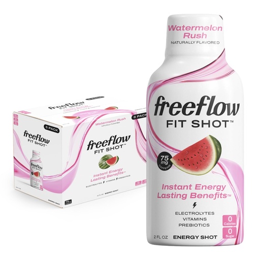 [BRSROZAEDEBWKCLZ] Freeflow Fit Energy Shots, Watermelon Rush, Natural Caffeine Boost with L-theanine, Ginseng, Vitamins, Prebiotics, Electrolytes (6 Count, 2oz Shots)