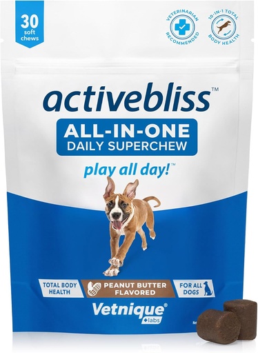 [BRSRO234OB5AK2QZ] Vetnique Labs Activebliss Dog Multiвитамини - Daily Treat with Glucosamine, Omega 3, Digestive Enzymes & Probiotics for Joint, Digestive, & Имунна поддръжка - витамини за оптимално здраве, 30 броя