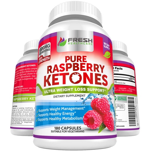 [BRSWK2QYBQBGEDQV] FRESH HEALTHCARE Pure 100% Raspberry Ketones Max 1000mg Per Serving - 3 Month Supply Non GMO - Advanced Weight Loss Support - 180 Capsules