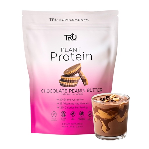 [BRSWYGI6CMNGMGT6] TRU Supplements Plant Based Protein Powder, BCAA, EAA, 20g Vegan Brown Rice & Pea Protein, 100 Calories, 27 Vitamins, No Artificial Flavors 25 Servings (Chocolate Peanut Butter)