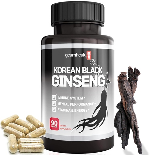 [BRSWGFILBEHB4GTJ] GeumHeuk Korean Black Ginseng Capsule 1000mg Supplement - Non GMO, High Ginsenosides, High Absorption Rate, Enhance Immunity, Metal Performance, Stamina & Energy, Men & Women - 90 Vegan Capsules