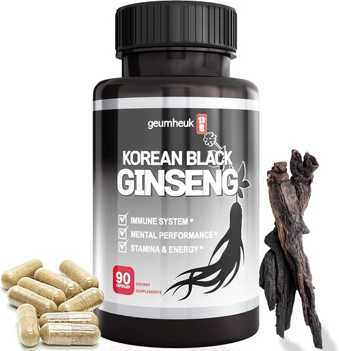 [BRSWGFILBEHB4GTJ] GeumHeuk Korean Black Panax Ginseng Capsule 1000mg - 90 Vegan Capsules Non GMO, High Ginsenosides, High Absorption Rate, Enhance Immunity, Mental Performance, Stamina & Energy, Men &amp; Women