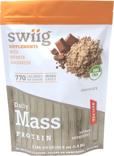 [BRSWKHY3A4FAI23G] swiig Mass Builder Proteïne Poeder, Chocolade, Geen GGO Ingrediënten, Geen kunstmatige smaken, Kleuren of zoetstoffen, Geen Fillers, 3.3 Pond Zak