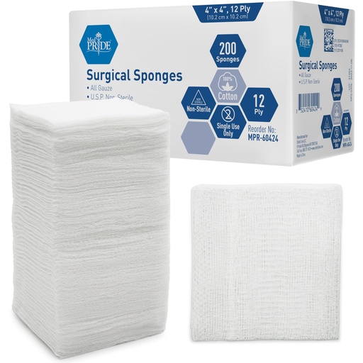 [BRSWGHQPB4OWK2A4] MED PRIDE Surgical Gauze Sponges,4 x 4 in,12-Ply,Non-Sterile,200-Count Pack