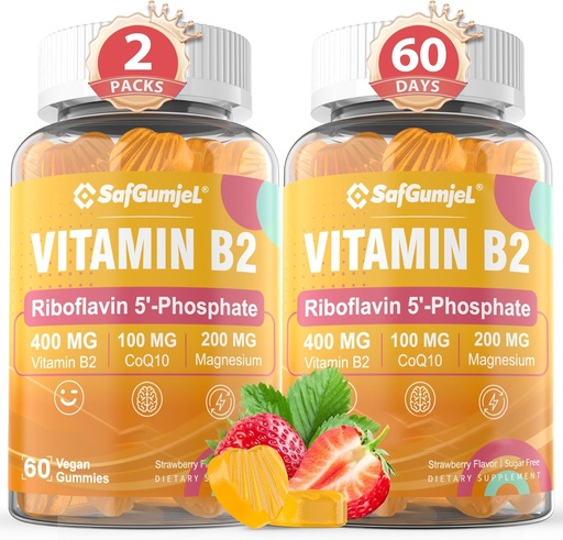 [BRSRAY3YBMMRMHQY] Vitamin B2 Gummies | Riboflavin 400mg for Adults and Kids | with Magnesium & CoQ10 for Energy & Migraine Relief | Sugar Free B2 Vitamin VIT B | Non GMO, Vegan, 120 Counts