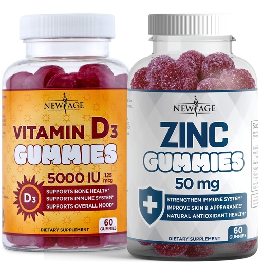 [BRSWYBIQCV7AMH33] NEW AGE Immune Defense Combo - 2 Pack - Vitamin D3 Gummies 5000 IU 125mcg & High Potency Zinc Gummies, Immune Booster 120 Count